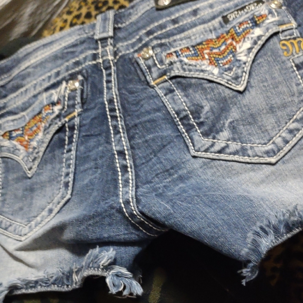 Miss Me Distressed Blue Jean Shorts with Multicolor Embroidery - Picture 5 of 11